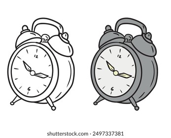 Alarm clock with 10.15 PM as a concept of school break, early wake up in black isolated on white background. Hand drawn vector sketch illustration in doodle engraved vintage line art style.