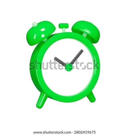 Alarm clock 3d icon. Green alarm clock with dial and hands. Isolated object on a transparent background