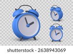 Alarm Clock 3D Icon Set – Blue Retro Style Clock Rendered in Cartoon Look, Perfect for Time Management, Schedule, or Morning Routine Designs. Vector Illustration.