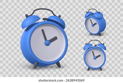 Alarm Clock 3D Icon Set – Blue Retro Style Clock Rendered in Cartoon Look, Perfect for Time Management, Schedule, or Morning Routine Designs. Vector Illustration.
