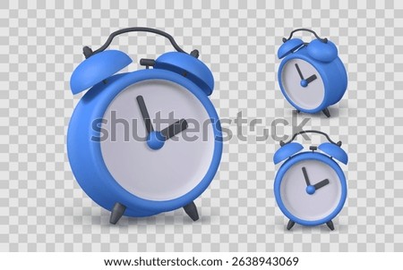 Alarm Clock 3D Icon Set – Blue Retro Style Clock Rendered in Cartoon Look, Perfect for Time Management, Schedule, or Morning Routine Designs. Vector Illustration.