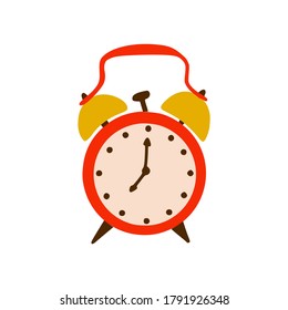 Alarm clock for 7 am. Time to get up to school or work. Retro mechanical watch with a hammer. A simple drawing is drawn by hand. Isolated on a white background. Color vector illustration