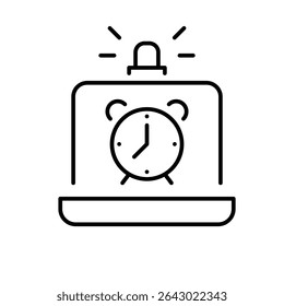 Alarm clock alert on laptop screen icon outline Thin line symbol of remote worker stress fatigue burnout time pressure digital exhaustion overwork concept