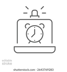 Alarm clock alert on laptop screen icon outline Thin line symbol of remote worker stress fatigue burnout time pressure editable stroke digital exhaustion overwork concept