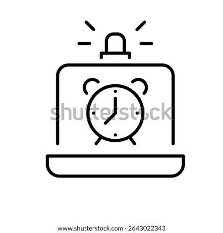 Alarm clock alert on laptop screen icon outline Thin line symbol of remote worker stress fatigue burnout time pressure digital exhaustion overwork concept