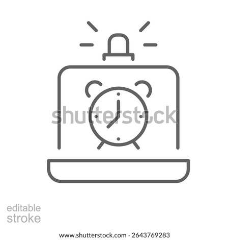 Alarm clock alert on laptop screen icon outline Thin line symbol of remote worker stress fatigue burnout time pressure editable stroke digital exhaustion overwork concept