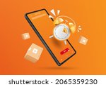 Alarm clock is alerting the flat sales promotion period and was floating on a smartphone, and there were parcel boxes floating around the area for online shopping concept,vectro 3d on orange backgroun