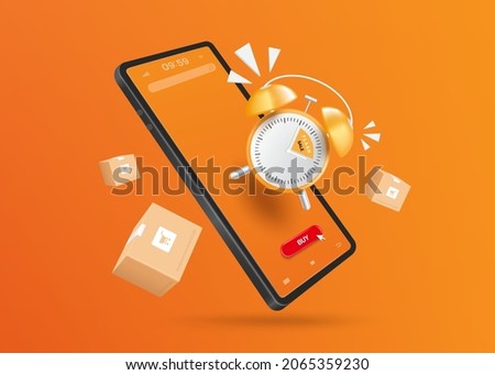 Alarm clock is alerting the flat sales promotion period and was floating on a smartphone, and there were parcel boxes floating around the area for online shopping concept,vectro 3d on orange backgroun