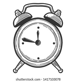 Alarm clock, analog watches. Vector in engraving and sketch style. Isolated on white background