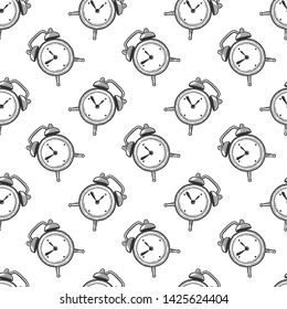 Alarm clock, analog watches. Vector in doodle and sketch style. Isolated on white background, seamless pattern