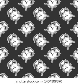 Alarm clock, analog watches. Vector in doodle and sketch style. Isolated on dark background, seamless pattern