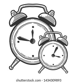 Alarm clock, analog watches. Vector in doodle and sketch style. Isolated on white background