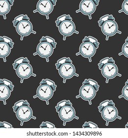 Alarm clock, analog watches. Vector in doodle and sketch style. Isolated on dark background, seamless pattern
