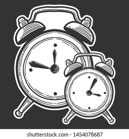 Alarm clock, analog watches. Vector in doodle and sketch style. Isolated on dark background