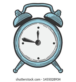 Alarm clock, analog watches. Vector in doodle and sketch style. Isolated on white background