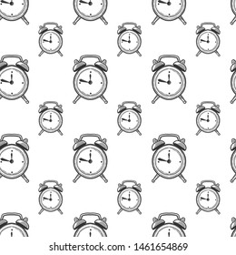 Alarm clock, analog watches. Vector in doodle and sketch style. Isolated on white background, seamless pattern