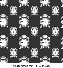 Alarm clock, analog watches. Vector in doodle and sketch style. Isolated on dark background, seamless pattern