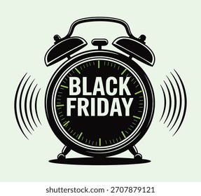 Despertador que anuncia el acontecimiento de la venta del viernes negro con la ilustración ruidosa del anillo y los acentos verdes listos para la comercialización promocional