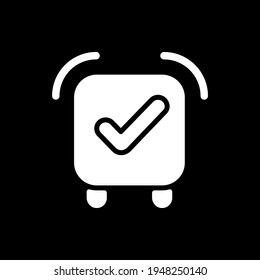 Alarm clock app dark mode glyph icon. Alert reminder. Completed task. Schedule timer, organizer. Smartphone UI button. White silhouette symbol on black space. Vector isolated illustration