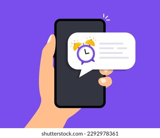 Alarm clock app on a mobile phone. Smart phone alarm clock. Wake up time setting. Alarm clock reminder on phone. Notice to wake up. Vector illustration.