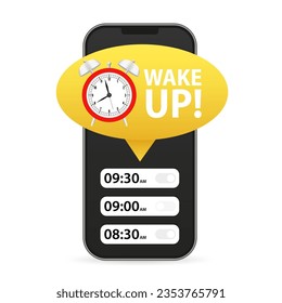 Aplicación de reloj de alarma en un teléfono móvil. Reloj de alarma de teléfono inteligente. Despierta la configuración del tiempo. Recordatorio de alarma por teléfono. Aviso para despertar. Buenos días. Ilustración del vector