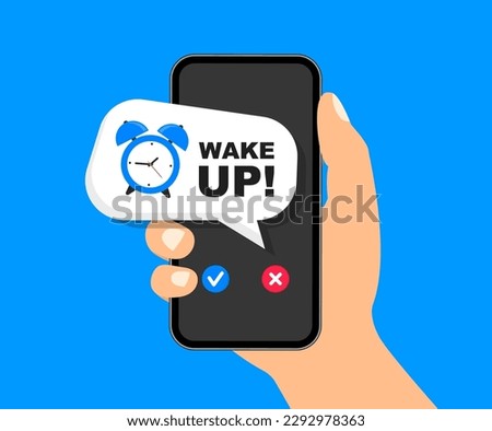 Alarm clock app on a mobile phone. Smart phone alarm clock. Wake up time setting. Alarm clock reminder on phone. Notice to wake up. Vector illustration.