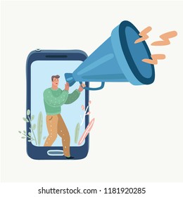 Alarm clock app on smartphone. Wake-up call application or reminder in telephone. Man screaming in megaphone. Vector cartoon illustration in modern concept