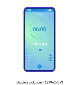 Alarm clock app smartphone interface vector template. Mobile wake up application page blue design layout. On, off options screen. Gradient flat UI for application. Get up time settings phone display 