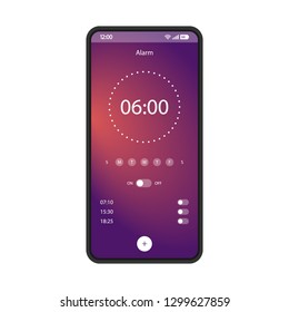 Alarm clock app smartphone interface vector template. Mobile get up application page black design layout. Gradient flat UI for application. On, off options screen. Wake up time settings phone display