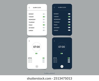 Plantilla de Vector de interfaz de teléfono inteligente App de despertador. Asistente de Plantilla de Reloj Despertador