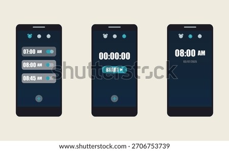 Alarm clock app smartphone interface vector template,