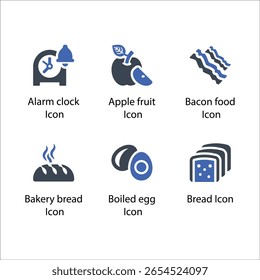 Alarm clock, Apple fruit, Bacon food, Bakery bread, Boiled egg, Bread, icon