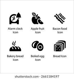 Despertador, fruta de manzana, comida del tocino, pan de panadería, huevo hervido, pan, icono
