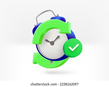Alarm clock with arrows and checkmark. 3d vector isolated illustration