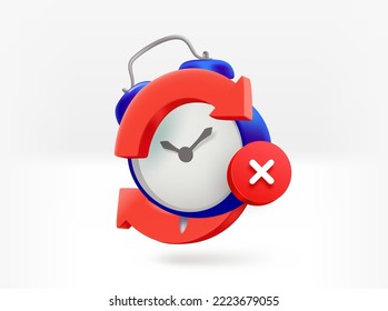 Alarm clock with arrows and crossmark. 3d vector isolated illustration