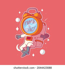 Alarm clock astronaut character vector illustration. Motivation, inspiration, funny design concept.