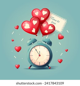 Alarm clock with a balloons hearts. Valentine's day card. Concept for a wedding or Valentine's Day celebration. Vector cartoon illustration. Good for greeting cards, banners, cards, flyers, social