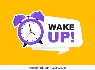 Alarm clock with banner Wake up. Wake up time badge. Ringing alarm clock. Morning time. Vector illustration.