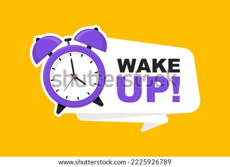 Alarm clock with banner Wake up. Wake up time badge. Ringing alarm clock. Morning time. Vector illustration.