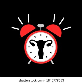 Alarm clock - biological clock is ringing. Age and ageing of uterus and ability to conveive. Fertility and infertility of fertile and infertile woman. Vector illustration. isolated on black