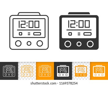 Alarm Clock black linear and silhouette icons. Thin line sign of digital watch. Time outline pictogram isolated white color, transparent background. Vector Icon shape Alarm Clock simple symbol closeup
