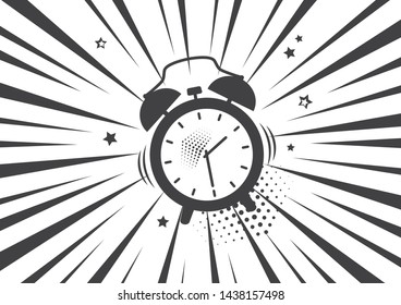 Alarm clock in black and white background. Vector illustration in pop art style.