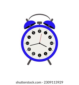 The alarm clock is blue on a white background. Vector image.