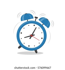 Alarm clock blue wake-up time isolated on white background in flat style. Vector illustration