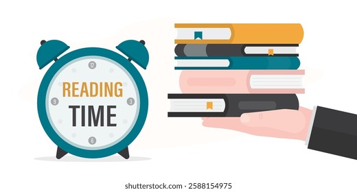 Alarm clock and books. Reading time concept. Time to study, enjoying good book, learning. Businessman or teacher hand give stack of various books. Watch with text. Education, time management. vector