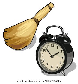 Alarm clock and broom. Vector illustration.