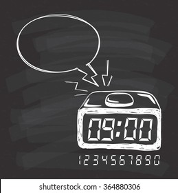 alarm clock with bubble speech on chalkboard background