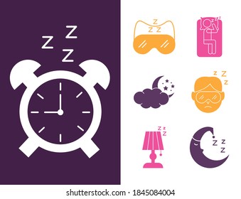 reloj de alarma con conjunto de iconos de estilo de silueta de insomnio diseño de ilustración vectorial