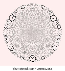 Alarm clock burst globula. Object pattern is organized from scattered alarm clock pictographs as burst spheric cluster. Abstraction round globula mosaic is done from alarm clock icons.