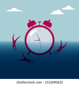 Alarm clock and businessman diving. Isolated on blue background.